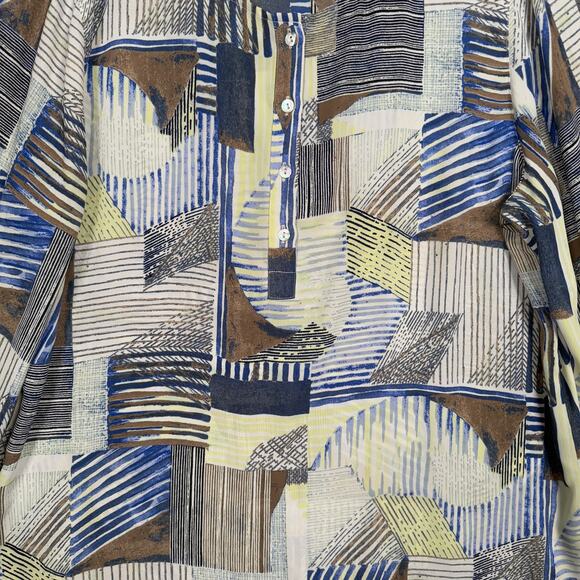 Chico's Size 3 Linear Lines Ali Top Tan Popover Asymmetrical Hem Roll Tab Sleeve - Picture 4 of 8